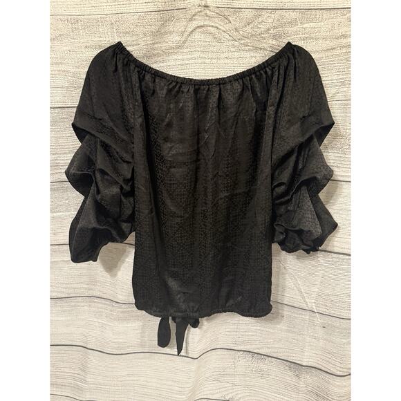 Black Vince Camuto off the Shoulder bubble 3/4-sleeve tie-front blouse Medium - Picture 9 of 10